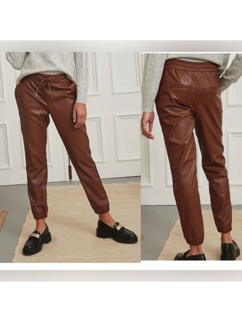 RW&CO dark camel brown faux leather Pleather vegan joggers pant drawstring waist